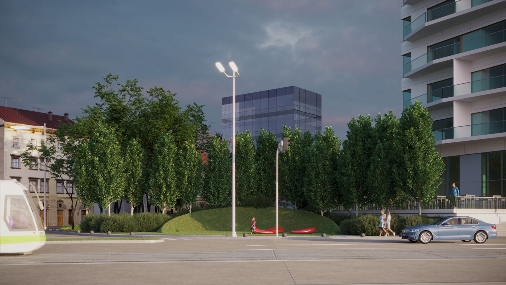 Contemporary garden with terrain modeling, retaining wall and ornamental planting