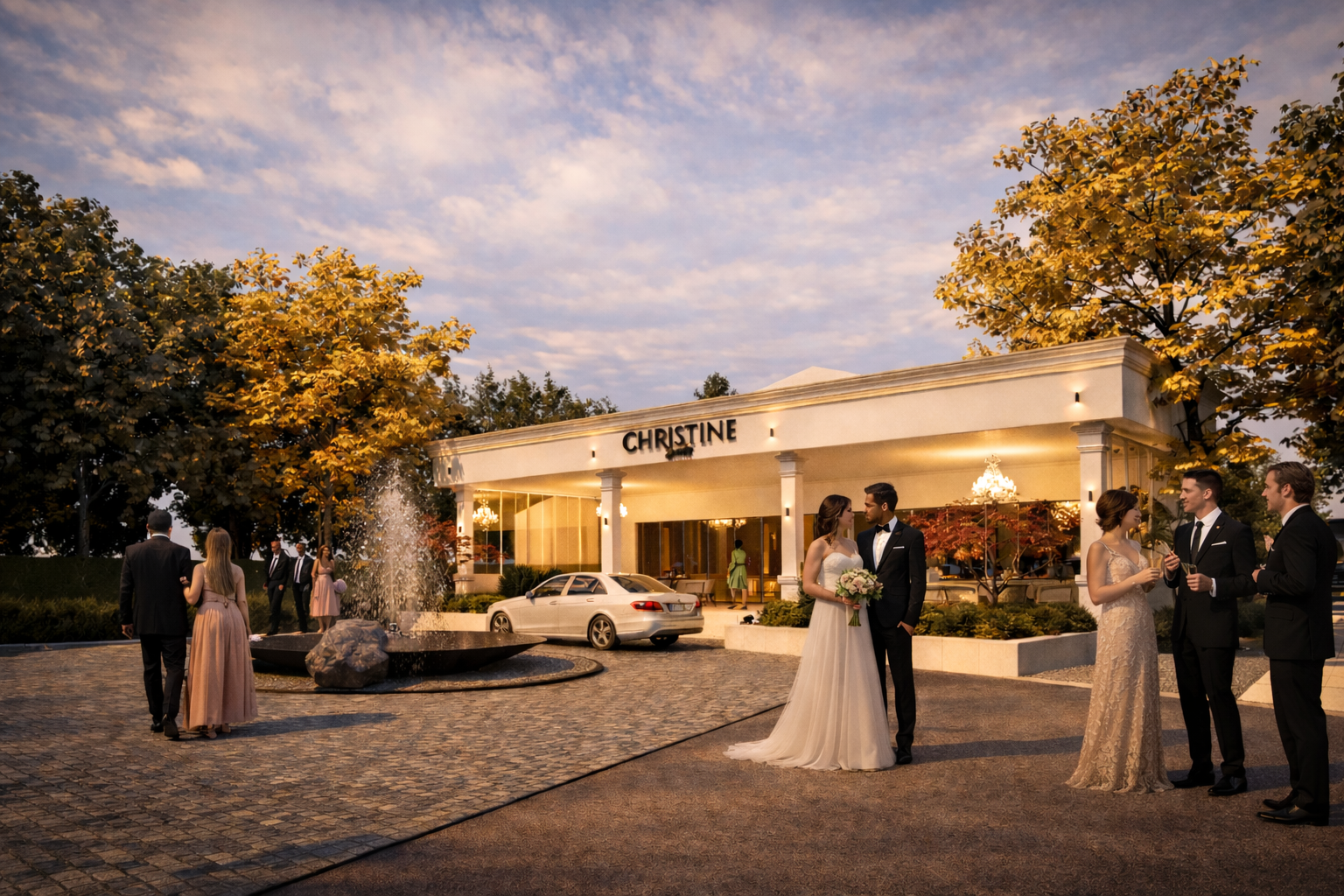 Private event venue entrance patio with decorative fountain, water jets and cubic stone paving near Targu Jiu Romania