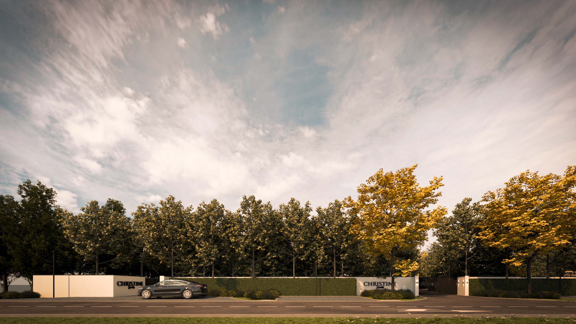 Street facade of Christine private event venue near Targu Jiu Romania with architectural fence, hedge privacy screen and mixed forest planting