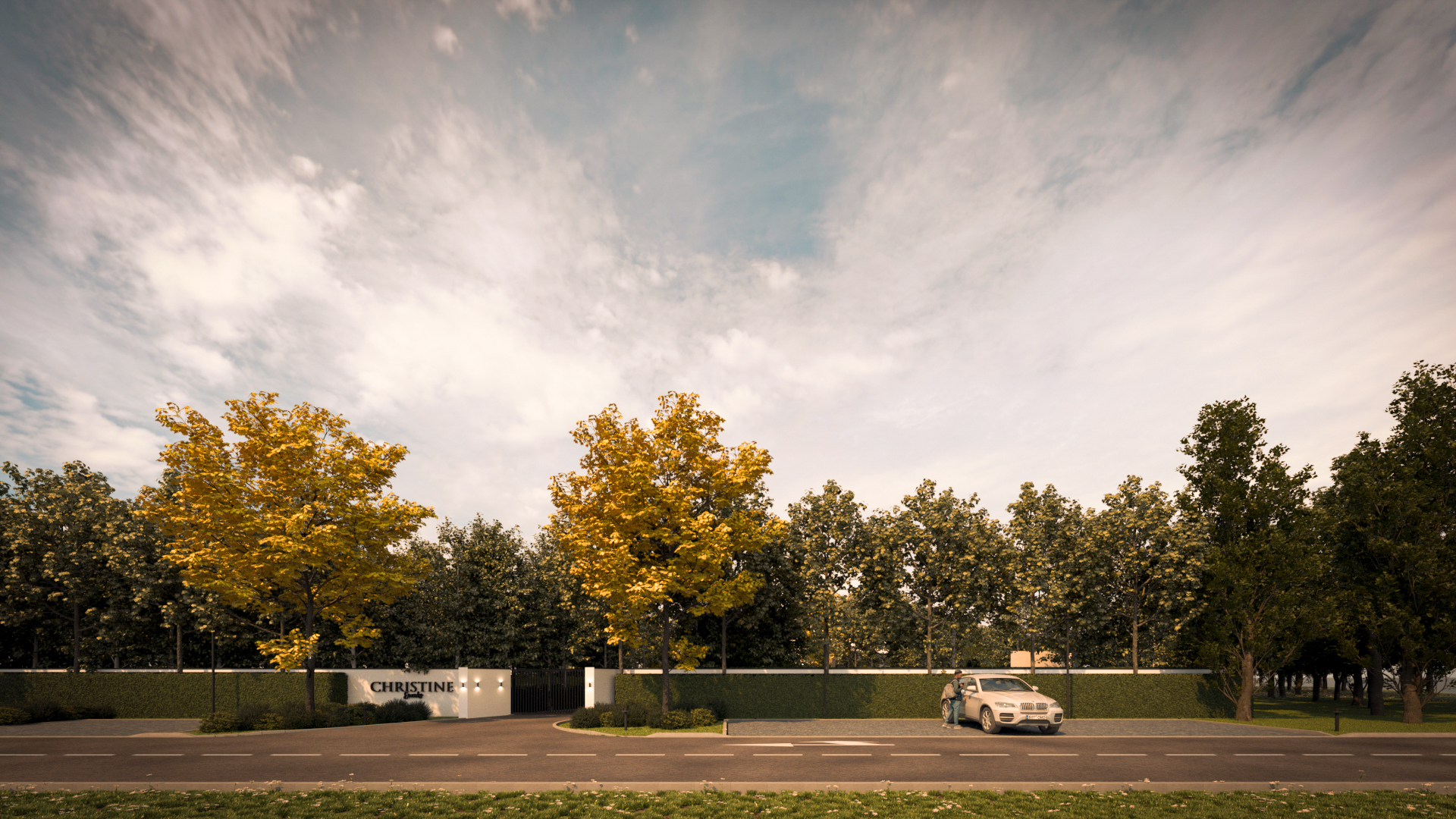 Architectural entrance gate and boundary design for luxury wedding venue garden in Romania with tree alignment and green hedge wall