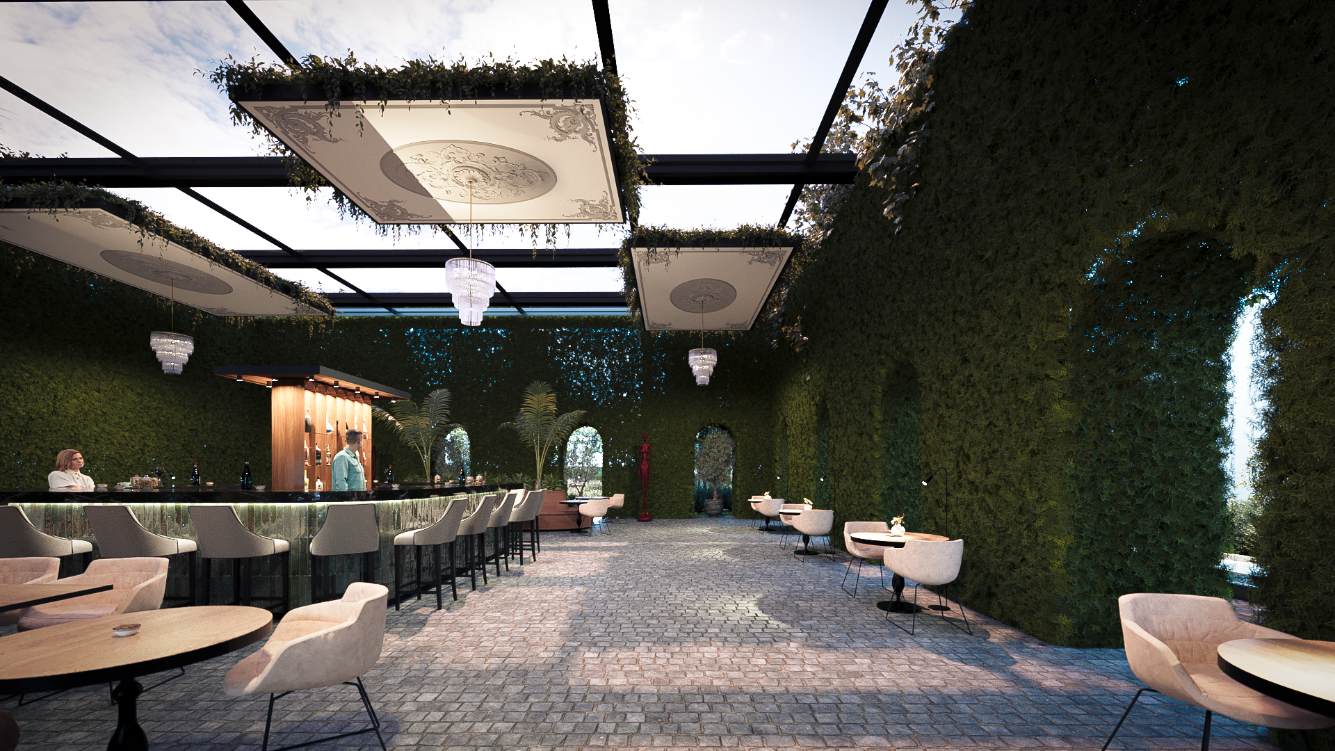 Mixed forest planting with diverse tree species creating privacy and seasonal variation in event garden