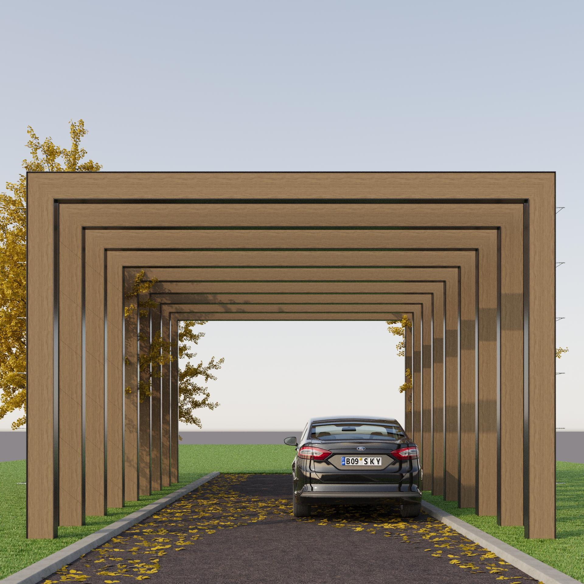 Modern metal entrance structure framing access to private event venue garden