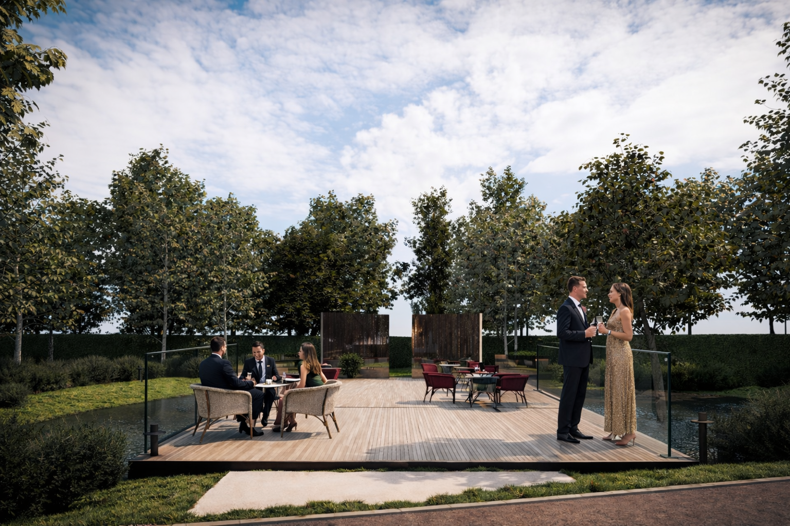 Outdoor wedding ceremony island with wooden deck, metal lake basin and reflective mirror wall