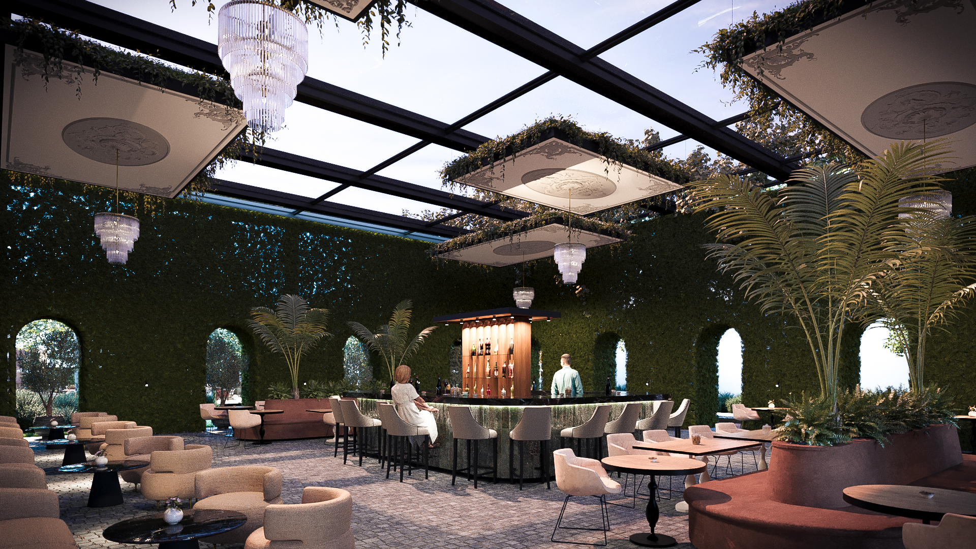 Summer garden bar with glass ceiling and green walls designed for private events in Romania