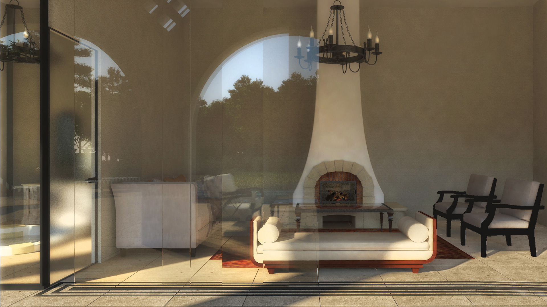 Interior lounge with sculptural fireplace and elegant seating in Constanța garden pavilion