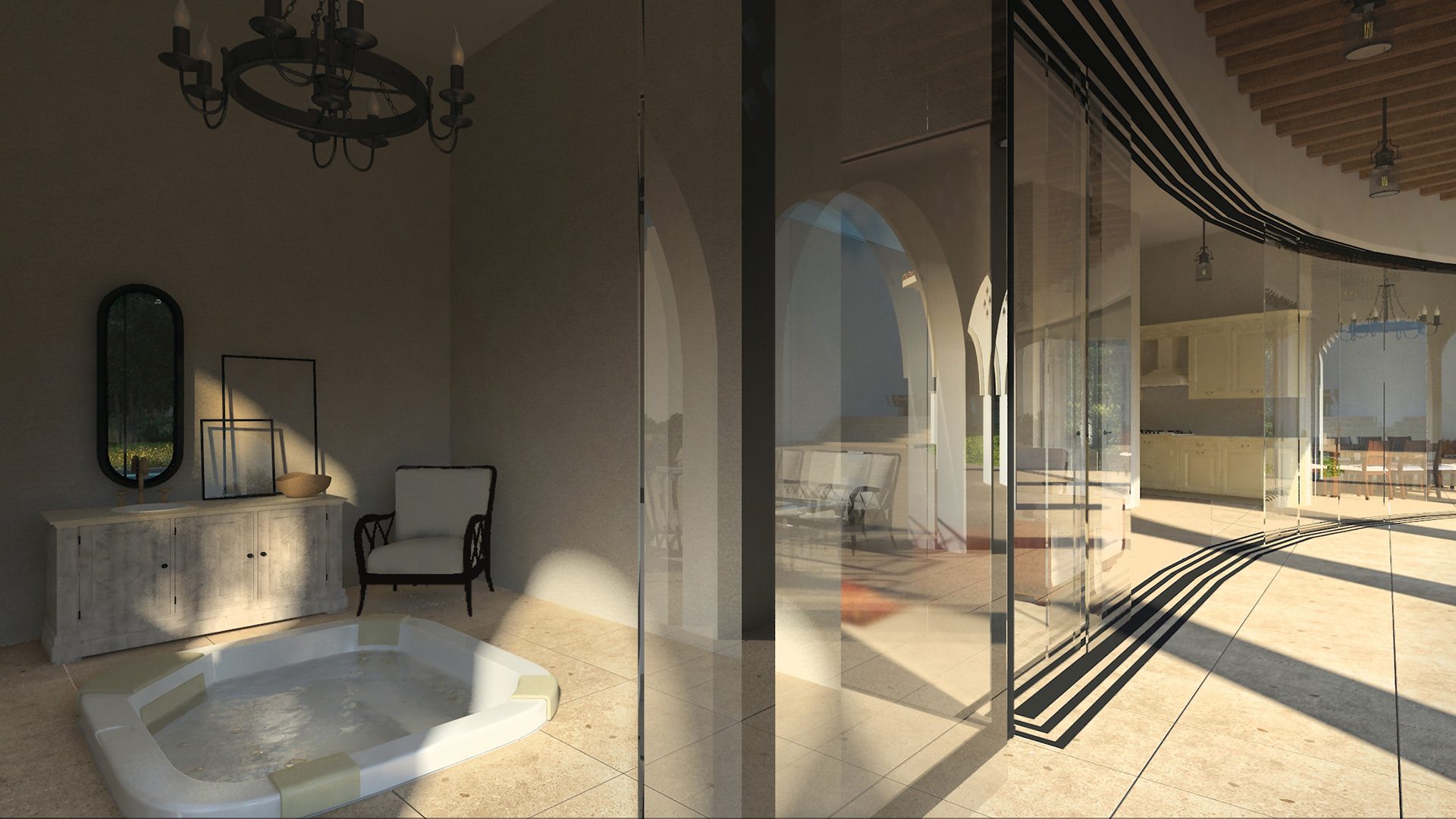 Jacuzzi room with lounge chair and view towards pavilion arches in Constanța garden