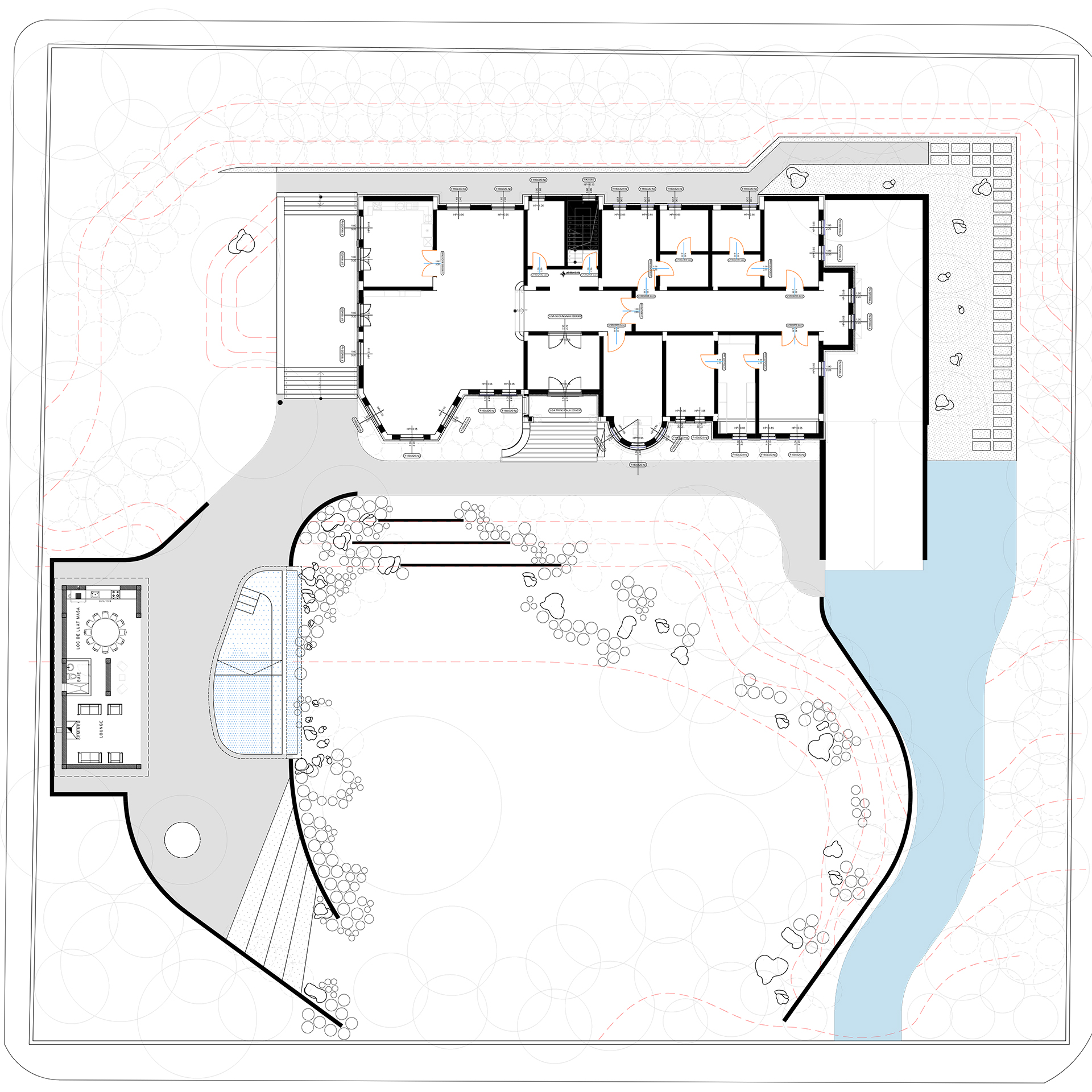 Masterplan of Constanța private garden with pavilion, infinity pool and open lawn