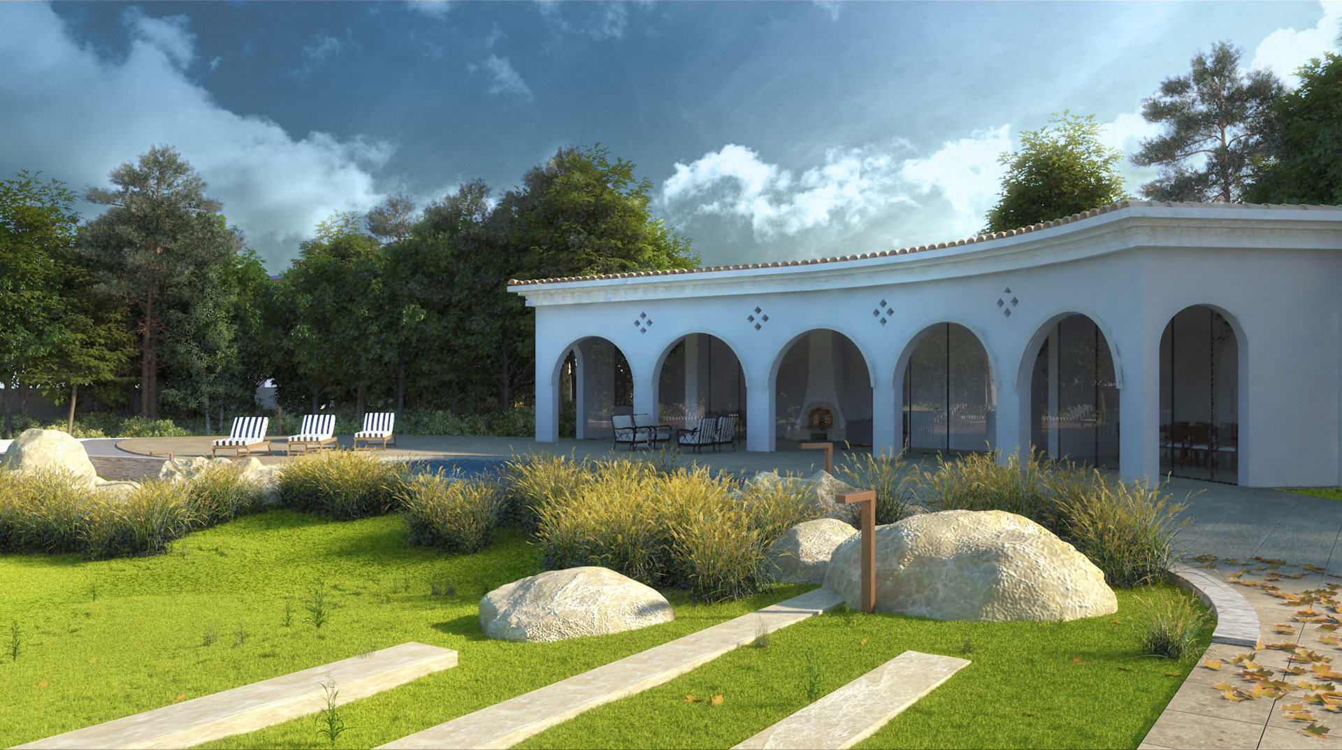 Perspective of pavilion arches with outdoor lounge and poolside sunbeds