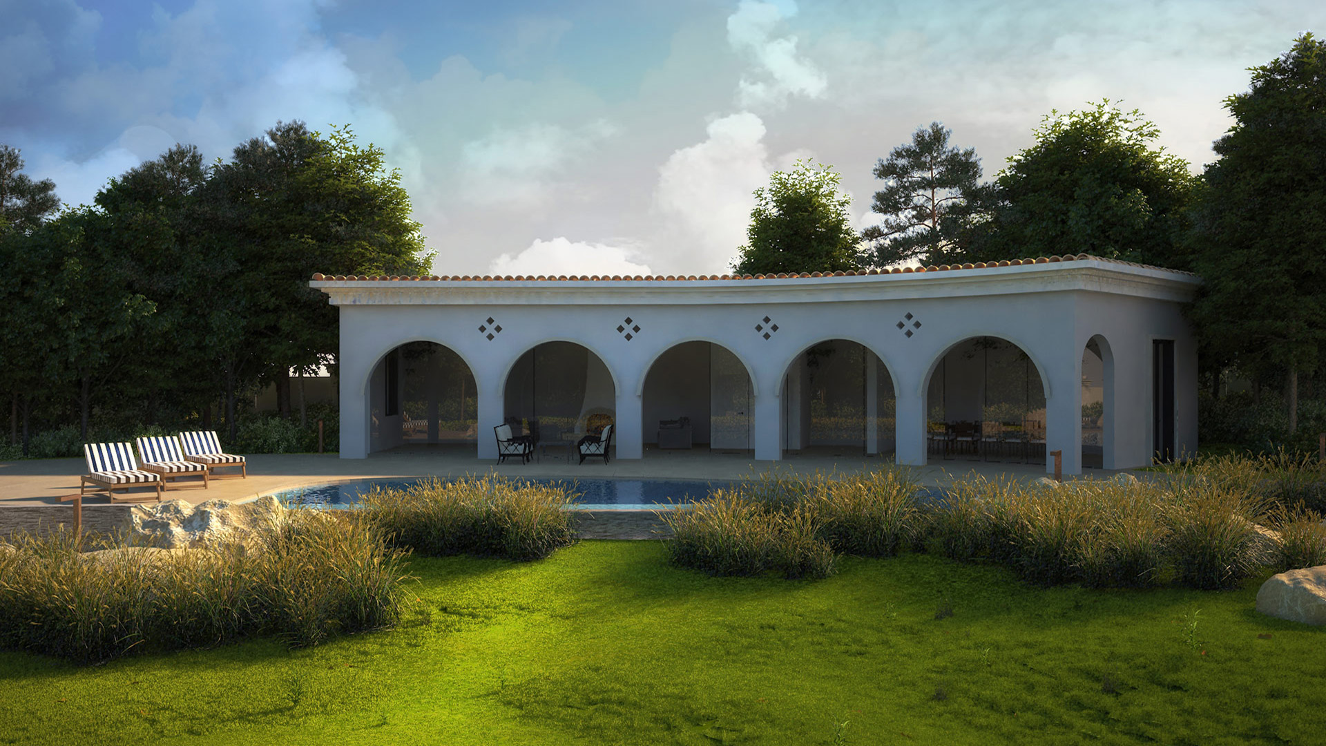Exterior view of summer pavilion with arched openings facing the infinity pool