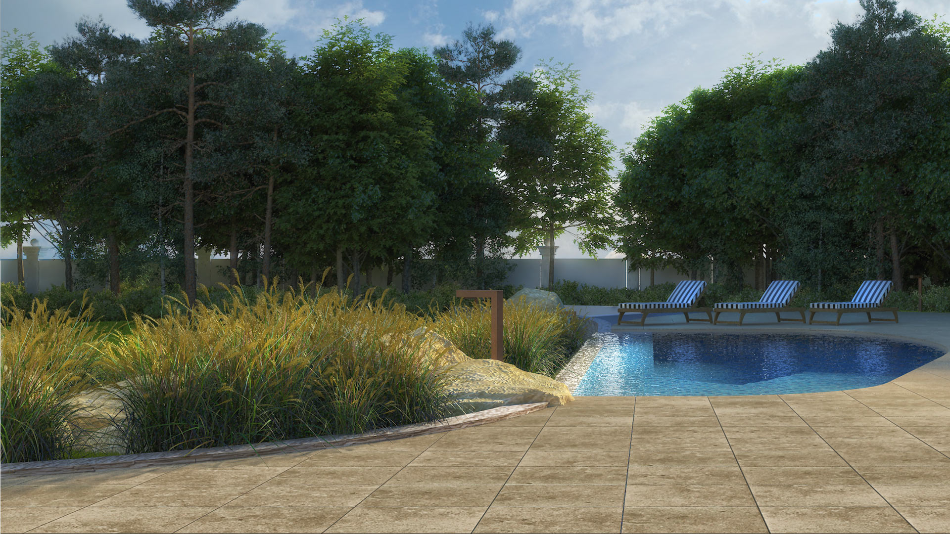 Close-up of infinity pool surrounded by grasses and trees in Constanța garden