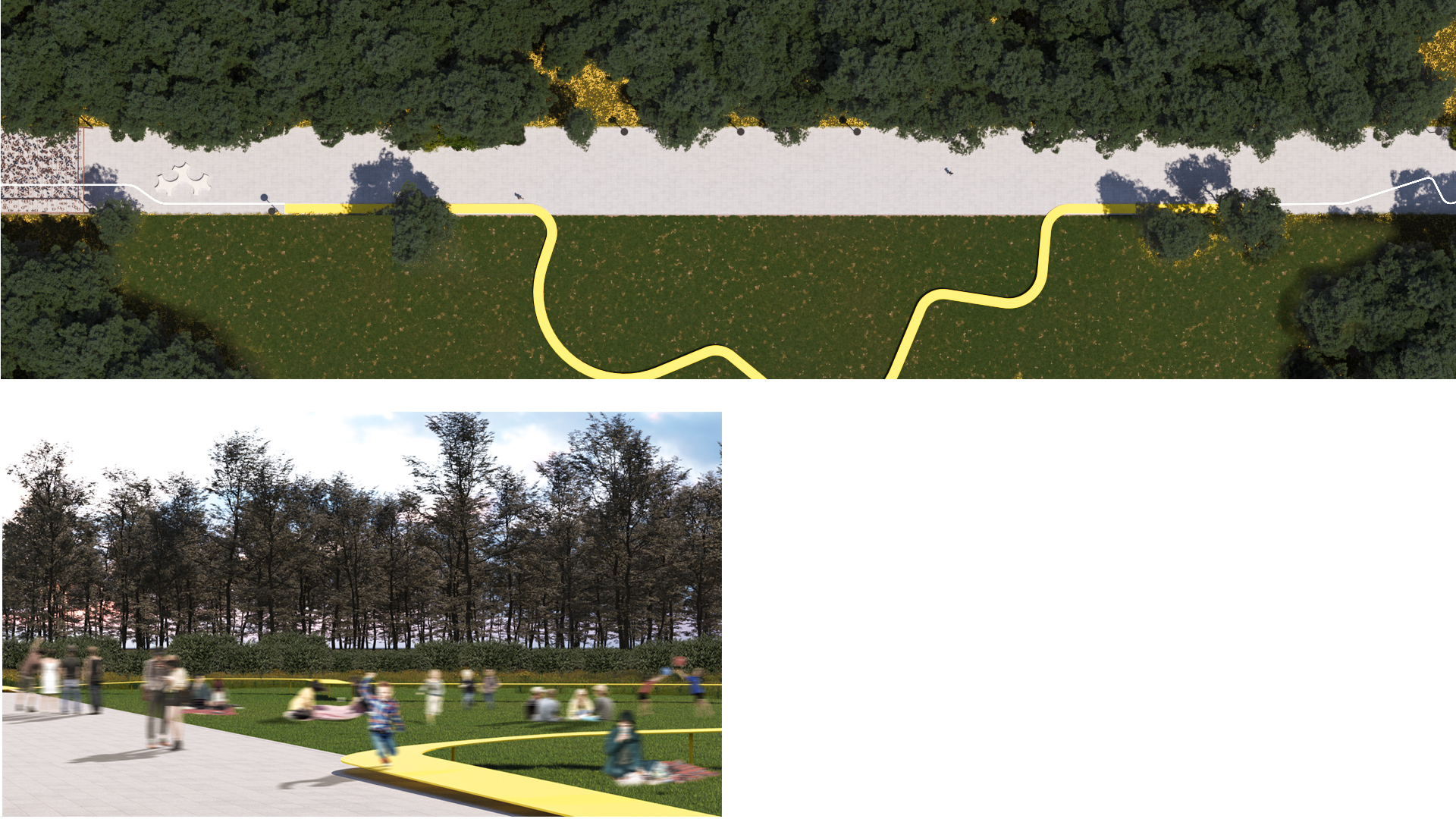 Perspective view of the public promenade in Galați at night with illuminated trees, benches and water basins