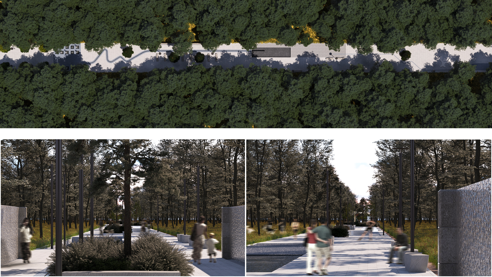 Tree-lined pedestrian path of the public promenade in Galați with benches and urban furniture