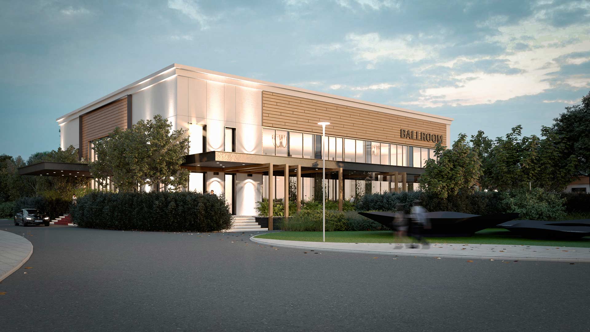 Perspective of main event hall entrance with greenery and lighting