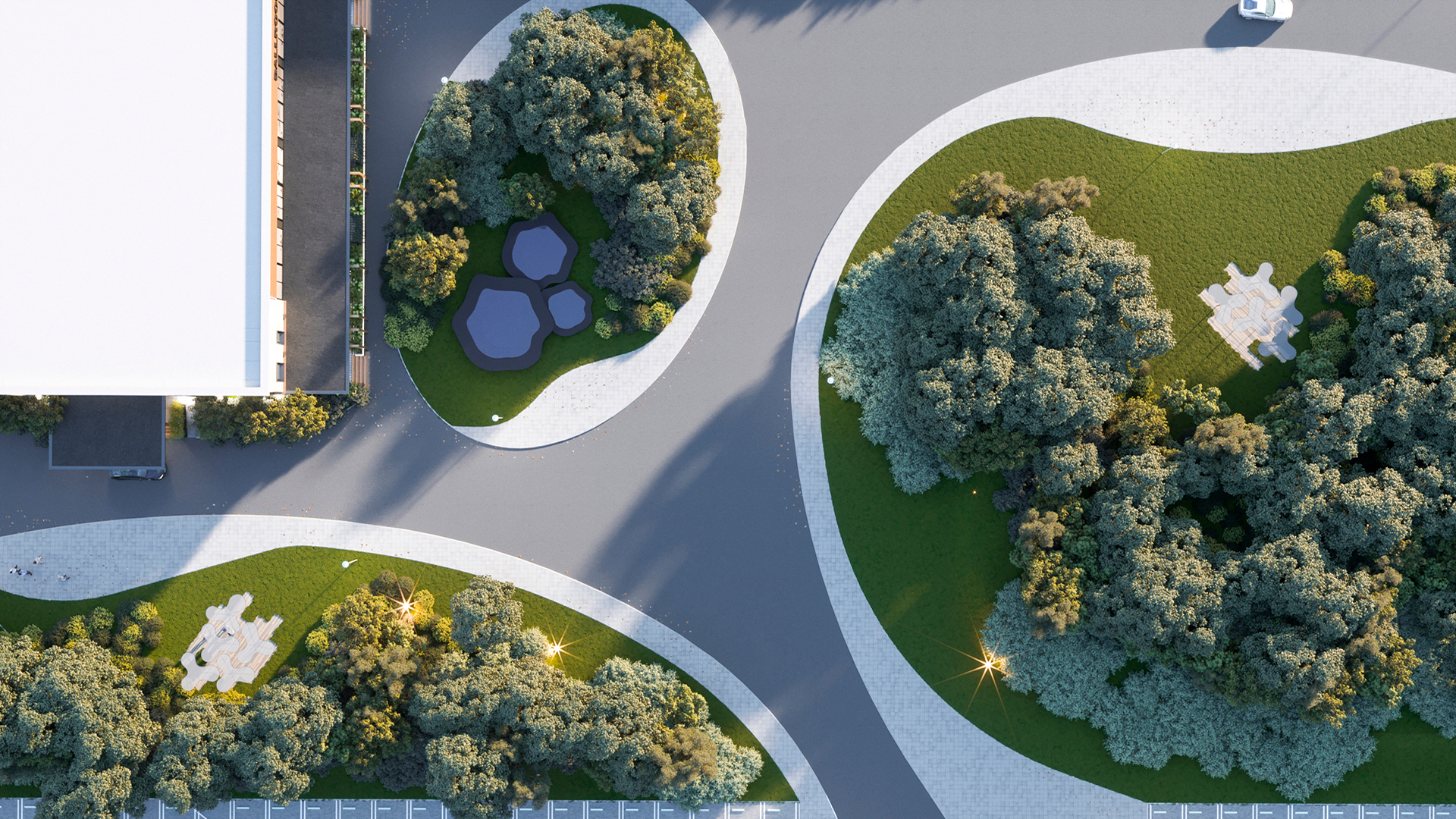 Aerial close-up of event park landscape with decorative ponds and green areas