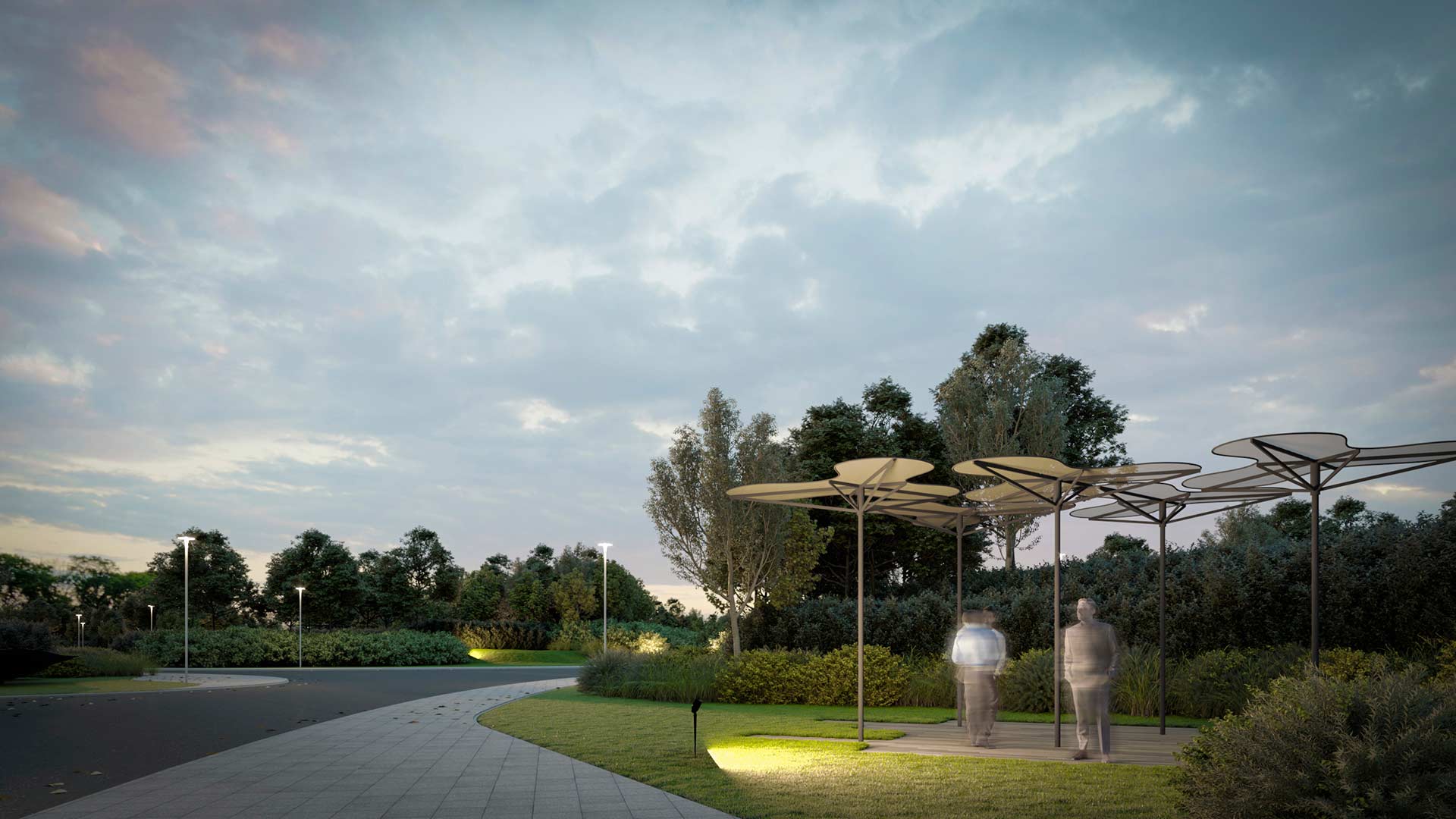 Detail of smoking area pergola with wooden deck in landscaped park